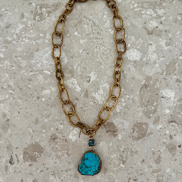 Striking Turquoise and Gold Chain Drop Necklace - Picture 2 of 9